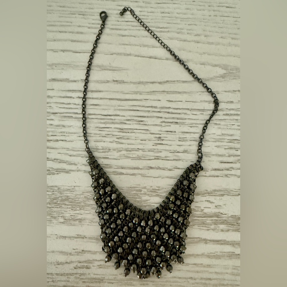 Vintage Black Beaded Rhinestone Necklace (Adjustable Length)
